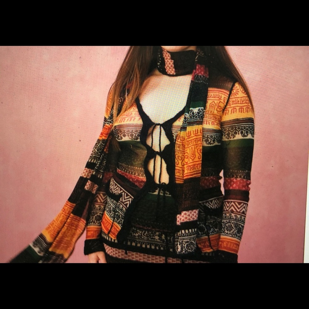 SOLD! Jean Paul Gaultier Sanskrit Tattoo Nylon Mesh Cardigan w Scarf SZ M - Picture 13 of 13